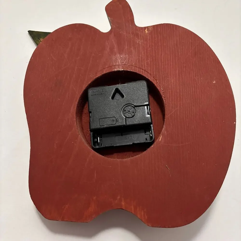 Vintage Apple Shaped Wooden Wall Clock Farmhouse Kitschy Cottagecore 7 in.